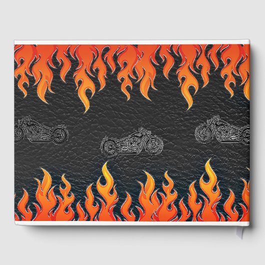 Zwart leder & Oranje vlammen motorfiets bruiloft Gastenboek (Achterkant)