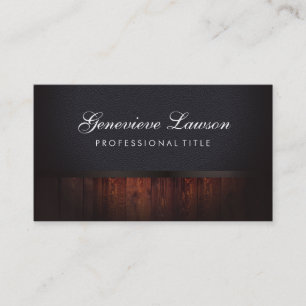 Zwart leder Rustisch hout en elegante tekst Visitekaartje