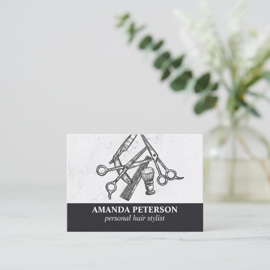 zwart leder | Salon Marble | Gereedschap voor kapp Visitekaartje (Staand voorkant)