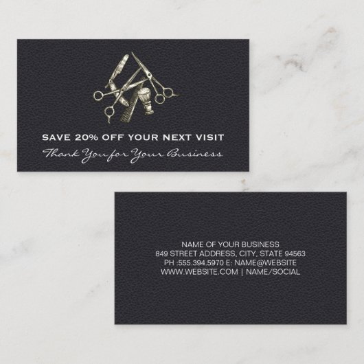 zwart leder | salonstoel | Loyaliteitskorting Visitekaartje (Voorkant / Achterkant)