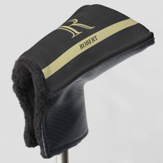 Zwart leder Textured Monogram Name Gold Golfheadcover (3/4 voorkant)