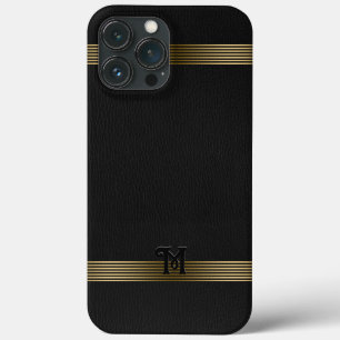 Zwart  leder Textuur Gold Stripes Case-Mate iPhone Case