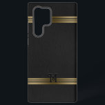 Zwart  leder Textuur Gold Stripes Samsung Galaxy Hoesje<br><div class="desc">Afbeelding van een  zwarte lederen textuurachtergrond voorzien van gouden strepen. Facultatief Monogram.</div>