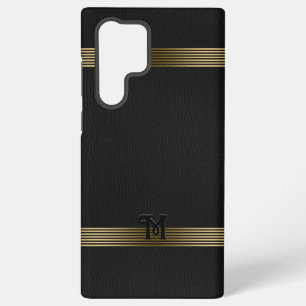 Zwart  leder Textuur Gold Stripes Samsung Galaxy Hoesje