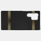 Zwart  leder Textuur Gold Stripes Samsung Galaxy Hoesje (Achterkant horizontaal)