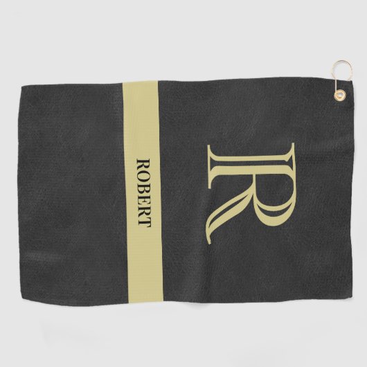 Zwart leder Textuur Monogram Naam Gold Golfhanddoek (Horizontaal)