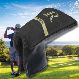 Zwart leder Textuur Monogram Naam Gold Golfheadcover