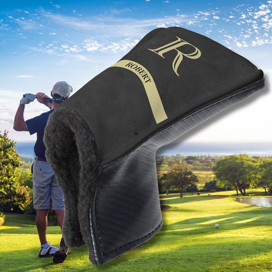 Zwart leder Textuur Monogram Naam Gold Golfheadcover