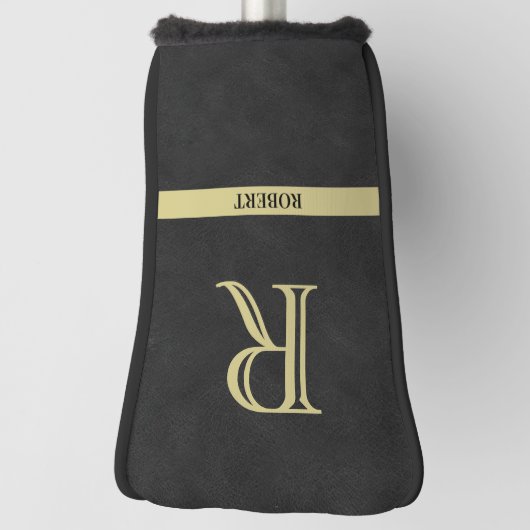 Zwart leder Textuur Monogram Naam Gold Golfheadcover (Draai 90)