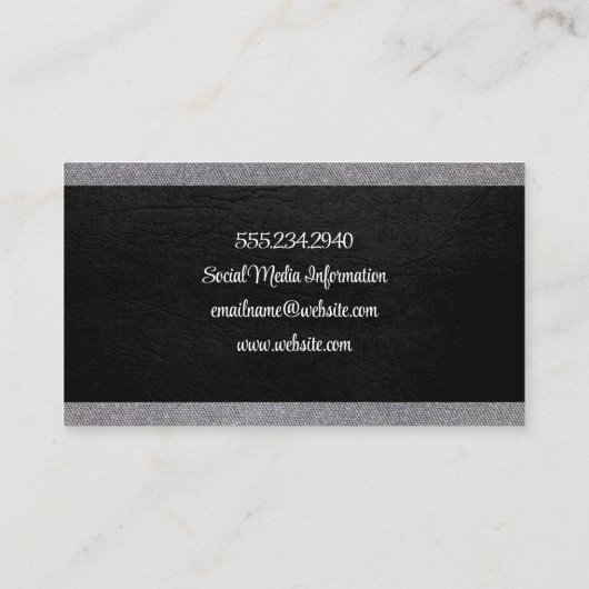 Zwart leder | Trim grijs weefsel Visitekaartje (Achterkant)