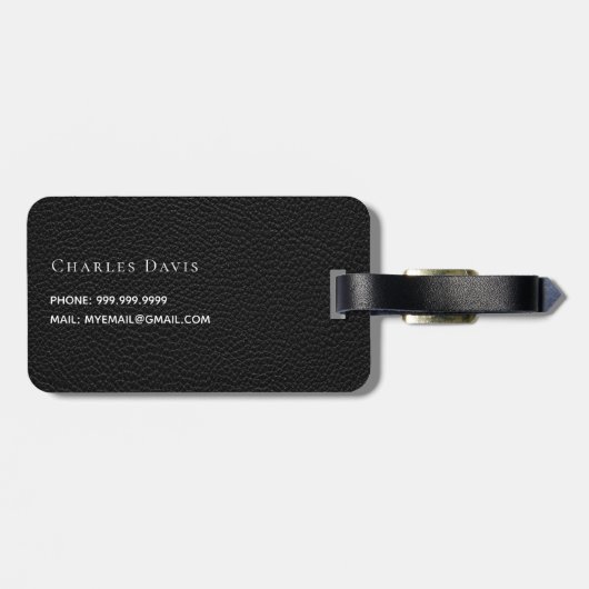 Zwart leder wit monogram naam bagagelabel (Achterkant horizontaal)