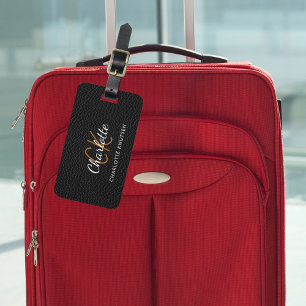 Zwart leder wit monogram naam bagagelabel