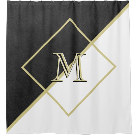 Zwart leder Witte Goud 3 kleurenmonogram Douchegordijn (Voorkant)