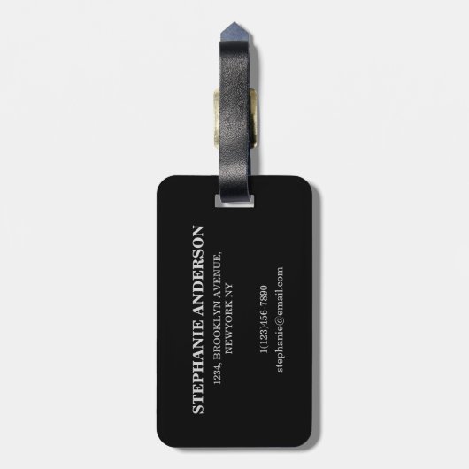 Zwart lederen achtergrond monogrammed bagagelabel (Achterkant verticaal)