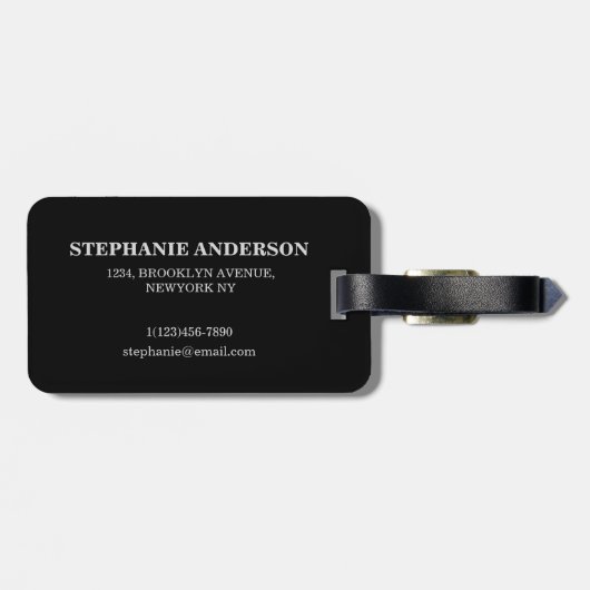 Zwart lederen achtergrond monogrammed bagagelabel (Achterkant horizontaal)