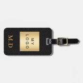 Zwart lederen goud bedrijf logo monogram bagagelabel (Voorkant horizontaal)