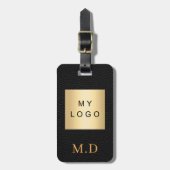 Zwart lederen goud bedrijf logo monogram bagagelabel (Voorkant verticaal)