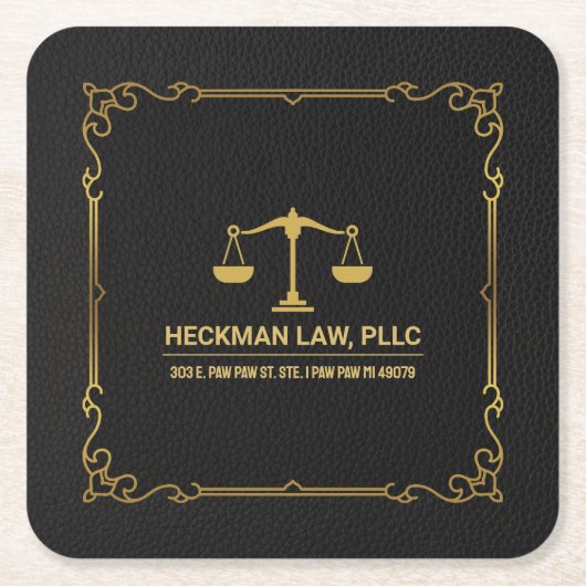 Zwart Lederen Goud Gerechtigheid Schaal  Lijst Kartonnen Onderzetters (Voorkant)