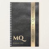 Zwart Lederen Goud Monogrammed Initialen Naam 2024 Planner (Voorkant)