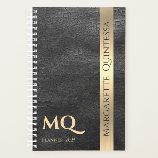 Zwart Lederen Goud Monogrammed Initialen Naam 2024 Planner (Voorkant)