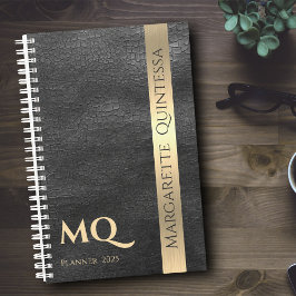 Zwart Lederen Goud Monogrammed Initialen Naam 2024 Planner