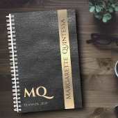 Zwart Lederen Goud Monogrammed Initialen Naam 2024 Planner