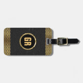 Zwart lederen gouden geometrische rand bagagelabel (Voorkant horizontaal)