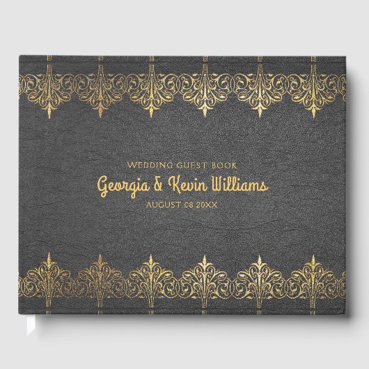 Zwart lederen gouden kanten rand gastenboek (Voorkant)