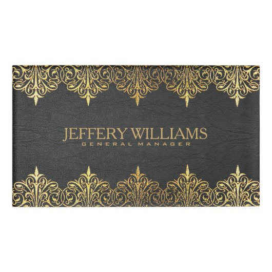 zwart lederen gouden wervelingen Lijst Naambadge (Voorkant)