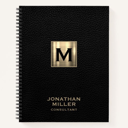 Zwart lederen goudmonogram notitieboek (Voorkant)