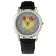 Zwart lederen horloge met bloem gezicht