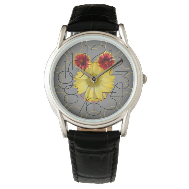Zwart lederen horloge met bloem gezicht (Voorkant)