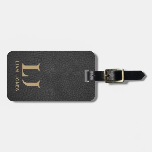 Zwart lederen Initialen Monogram Modern Bagagelabel (Voorkant horizontaal)