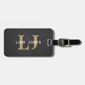 Zwart Lederen Initialen Monogrammed Modern  Bagagelabel (Voorkant horizontaal)