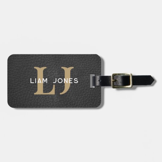 Zwart Lederen Initialen Monogrammed Modern  Bagagelabel (Voorkant horizontaal)
