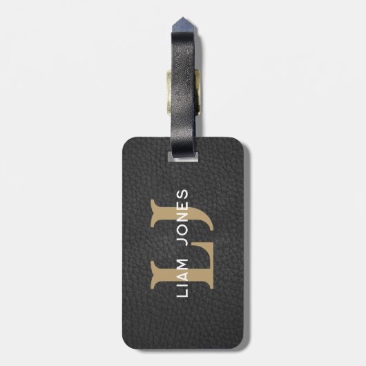 Zwart Lederen Initialen Monogrammed Modern  Bagagelabel (Achterkant verticaal)