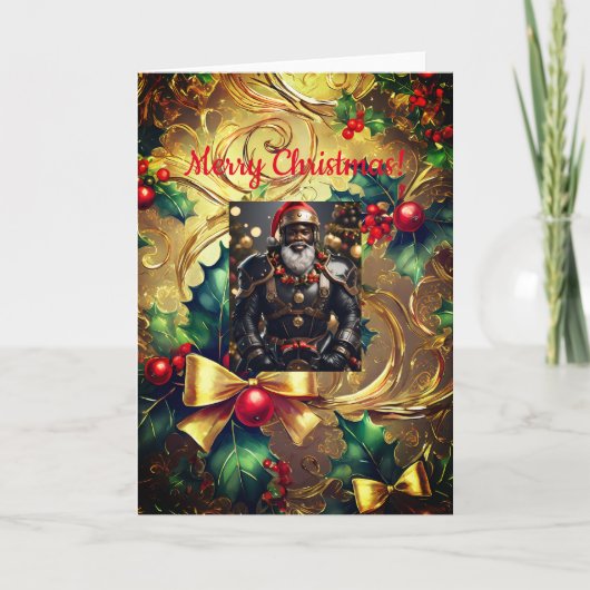 Zwart lederen kerstman kerst, 5" x 7" gevouwen Kaa Kaart (Voorkant)