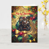 Zwart lederen kerstman kerst, 5" x 7" gevouwen Kaa Kaart (Gele Bloem)