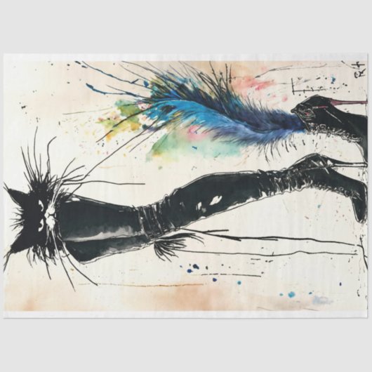 Zwart lederen laars kat modieuze decoupage tissuepapier (Voorkant)