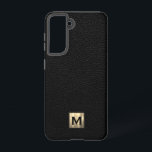 Zwart lederen luxemonogram samsung galaxy hoesje<br><div class="desc">Eenvoudige luxe monogrammaticale telefoonbehuizing is voorzien van een modern design met geborsteld metalen goudembleem op een zwarte lederen getextureerde achtergrond.</div>