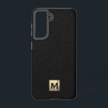Zwart lederen luxemonogram samsung galaxy hoesje<br><div class="desc">Eenvoudige luxe monogrammaticale telefoonbehuizing is voorzien van een modern design met geborsteld metalen goudembleem op een zwarte lederen getextureerde achtergrond.</div>