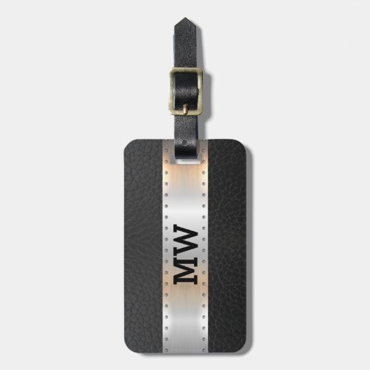 Zwart  lederen metallic zilveren streep bagagelabel (Voorkant verticaal)
