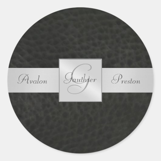 Zwart Lederen Monogram Bruiloft Sticker (Voorkant)