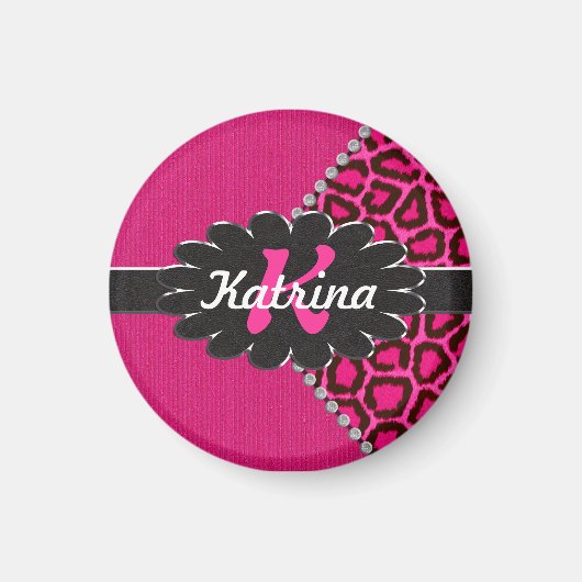Zwart lederen monogram op roze Cheetah Magneet (Voorkant)