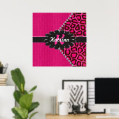 Zwart lederen monogram op roze Cheetah Poster (Thuiskantoor)