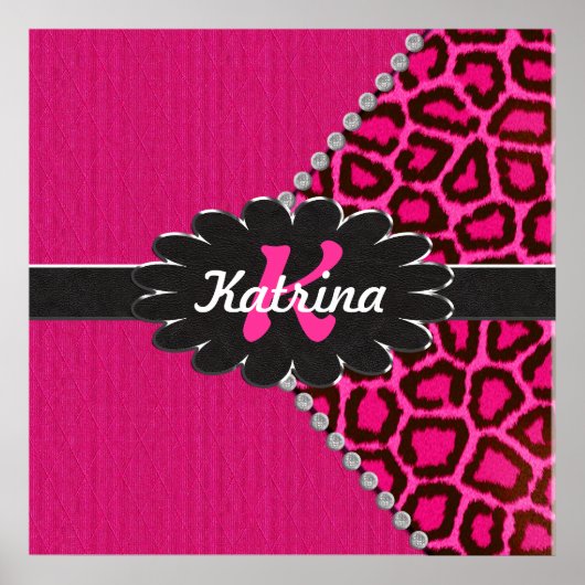 Zwart lederen monogram op roze Cheetah Poster (Voorkant)