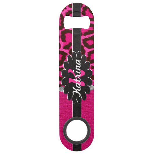 Zwart lederen monogram op roze Cheetah Speed Flessenopener (Achterkant)
