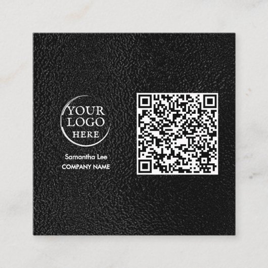 Zwart Lederen QR Code Visitekaartje Modern Logo (Voorkant)