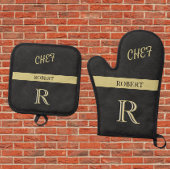 Zwart lederen textuur Chef Monogram Naam Ovenwant & Pannenlap Set