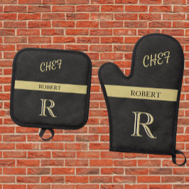 Zwart lederen textuur Chef Monogram Naam Ovenwant & Pannenlap Set